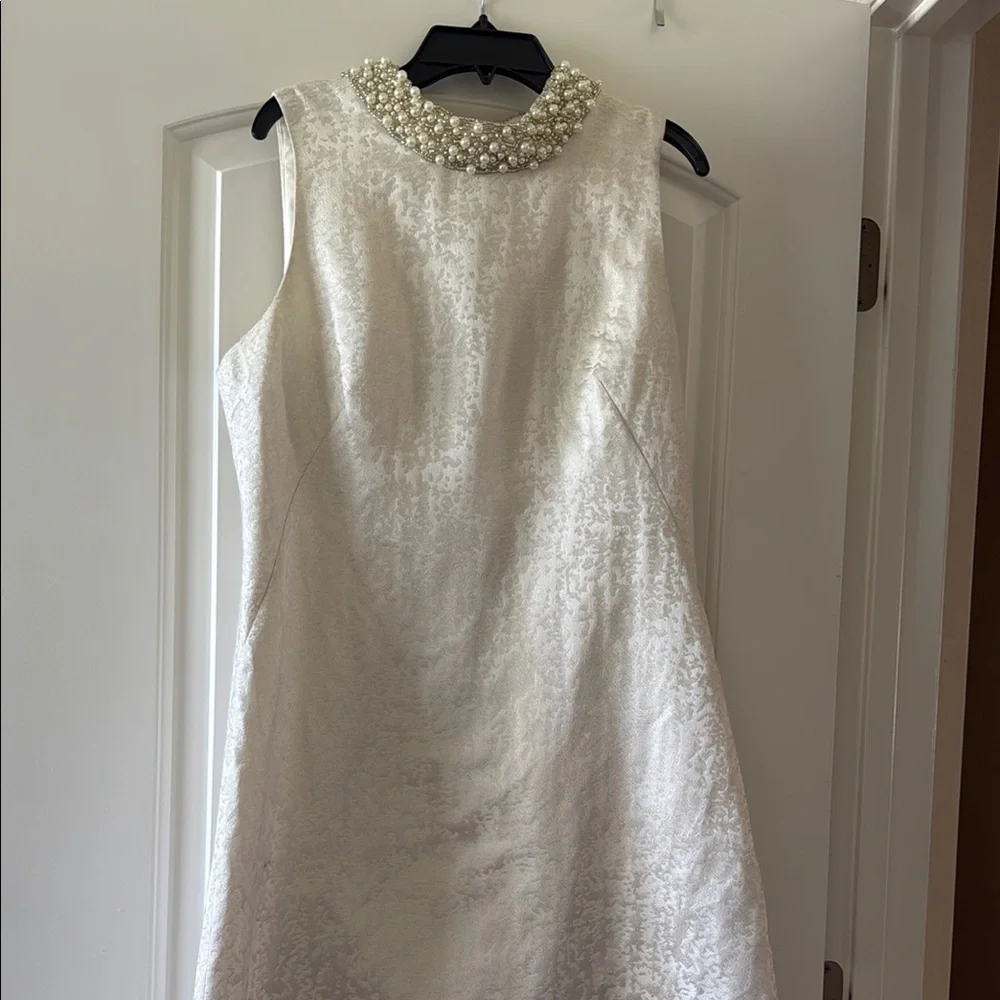 Eliza J Cream A-Line Dress with Embellished Mock Neck - Picture 1 of 4